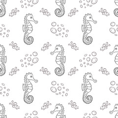 Seahorse seamless pattern. Hand drawn nautical doodle background with sea horses and bubbles. © Iryna Matukhno