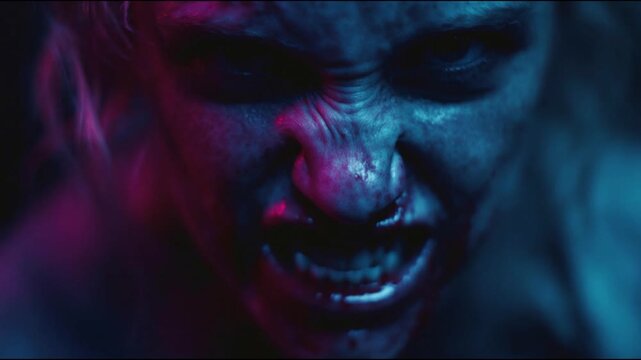 Furious werewolf woman snarling with sharp fangs under dramatic neon light. Cinematic Halloween horror close-up capturing rage, transformation, and supernatural terror.