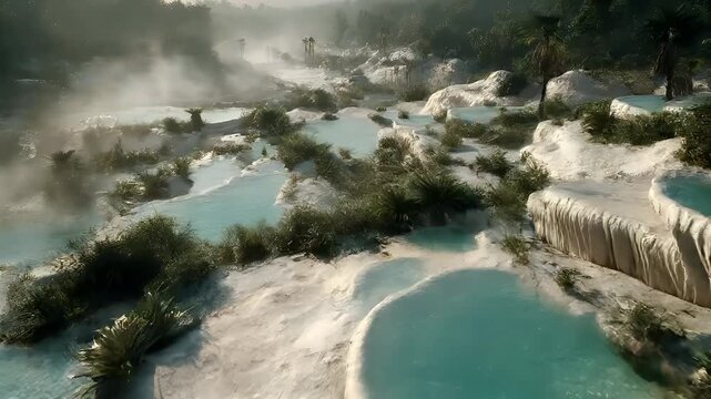 Geothermal hot springs resort, spa, bath pool, winter relaxation vacation theme. A breathtaking panoramic view of a turquoise pool in the middle of a lush green forest.