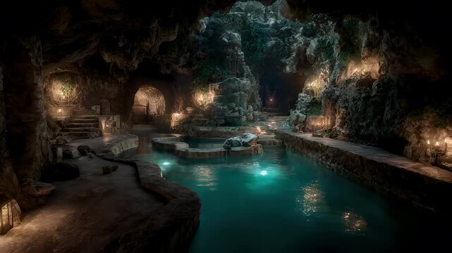 Geothermal hot springs resort, spa, bath pool, winter relaxation vacation theme. A fantasythemed cave illuminated by candles.