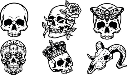 Fototapeta premium Black and white line art various skull designs with rose crown moth and floral elements vector set