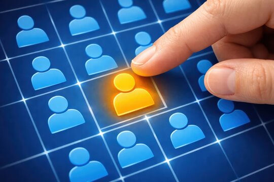 Selecting the Best Candidate: The hand of a recruiter meticulously selects a standout figure from a grid of potential candidates, highlighting the process of talent acquisition and choice.