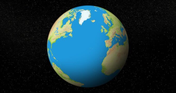 Rotating Planet Earth with representation of a fictional starry sky in the background. Terrain derived from a digital elevation model.