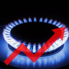 Natural Gas Price Hike and Global Energy Crisis Concept: Blue Gas Stove Burner with Red Upward Rising Trend Arrow representing Inflation, High Heating Bills and Expensive Utility Costs in Economy.