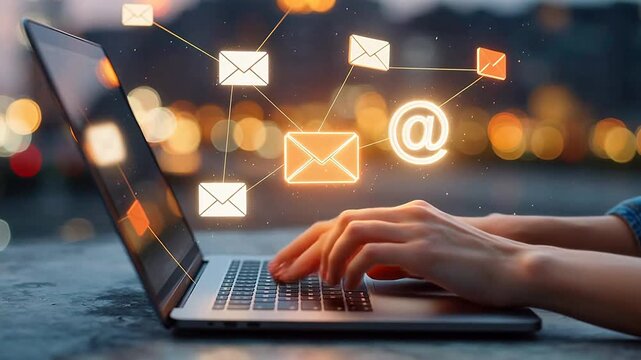 Hands typing on laptop with email icons
