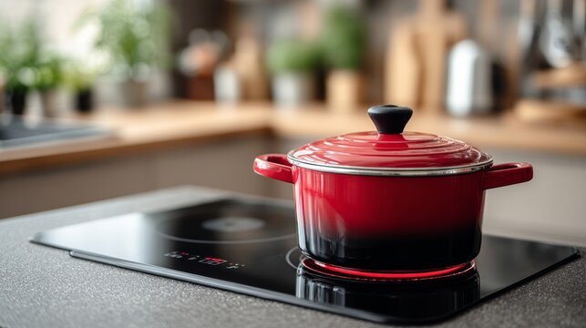 Red cooking pot with lid placed on a modern induction cooktop in a contemporary kitchen setting with wooden accents and green plants in the background