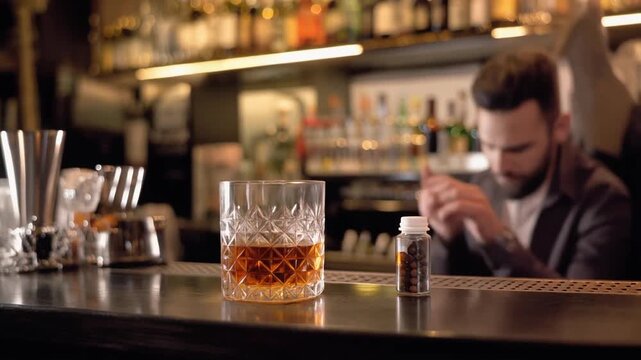 Whiskey glass on bar with man in background