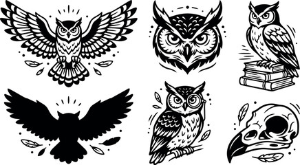 Fototapeta premium Black and white tattoo flash style fierce owl flying perched on books branch and skull detailed vector art illustration set