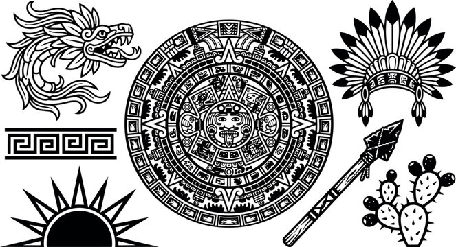 Aztec sun stone calendar circle ancient tribal spear feather headdress cactus dragon emblem black and white vector art design