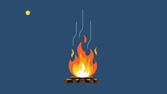 A simple illustration of a warm campfire burning under a setting sun or moon.