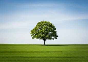 Majestic tree standing tall against a clear blue sky and open field isolated on white background