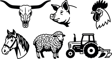 Obraz premium Black and white vector art set of farm animals with bull skull pig head sheep horse rooster and tractor side view illustration