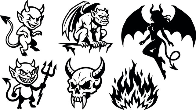 Black and white vector art of mischievous devils and winged demons with skull and flame devilish halloween style symbols