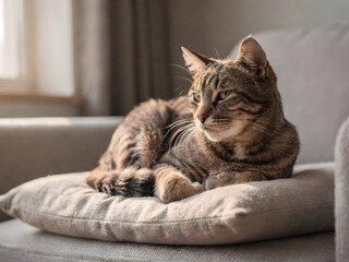 Naklejka premium Domestic tabby cat resting comfortably on a soft cushion in warm sunlight at home