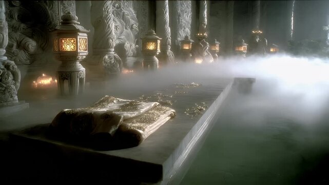 Geothermal hot springs resort, spa, bath pool, winter relaxation vacation theme. A grand, atmospheric scene of a throne room, illuminated by lanterns emitting a warm, golden light.