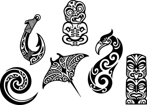 Maori style black tribal tattoo designs set with fish hook wave stingray bird face tiki mask patterns vector art collection