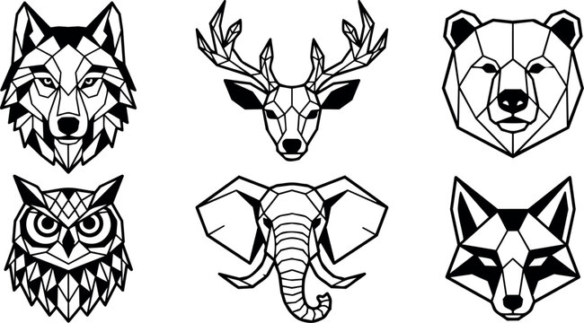 Geometric style black and white animal heads wolf deer bear owl elephant and fox vector art set