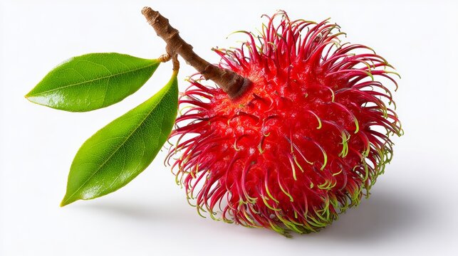 Fresh rambutan fruit with vibrant red skin and green leaves isolated on a white background, showcasing its unique hairy texture and tropical appearance