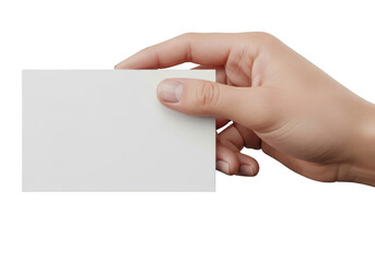 A hand holding a blank white business card isolated on transparent background