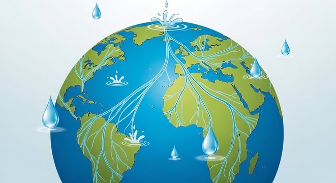 A vibrant illustration of the Earth with water droplets and flowing lines representing global water circulation and conservation.