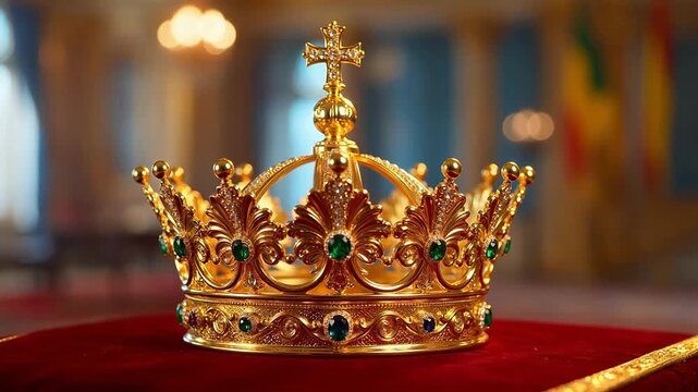 Golden crown with jewels on red cloth