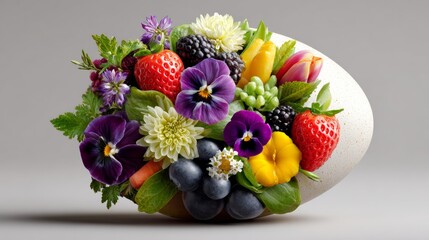 Obraz premium Colorful arrangement of fresh fruits and flowers inside a white egg shell on a gray background, showcasing vibrant strawberries, blueberries, and pansies