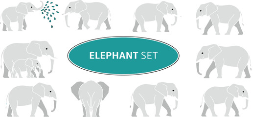Elephant Icon Set Featuring Various Poses and Actions for Kids’ Animal and Nature Designs © MstMinara