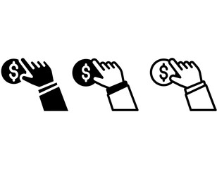 Obraz premium Three distinct graphic icons illustrating a hand holding a dollar coin, symbolizing concepts of payment, donation, finance, and transaction.