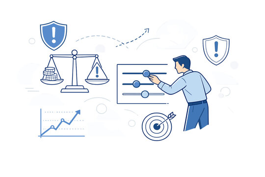 Image Generation. Risk Management in Investments. Investor adjusting risk sliders while warning shields,