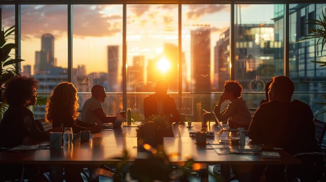 Business meeting at sunset with city skyline in background.
