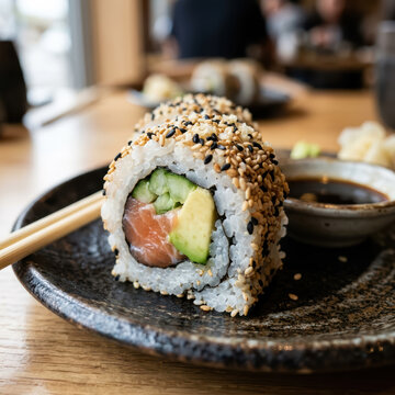 Delicious inside-out sushi roll with salmon, avocado, and cucumber, topped with sesame seeds. Authentic Japanese cuisine dining experience.