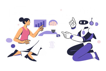 Fototapeta premium Image Generation. Future of work lifestyle. Knowledge worker collaborating with AI tools, outlined holographic