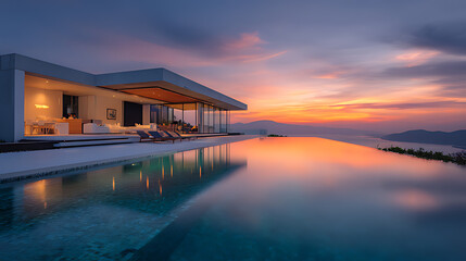 Fototapeta premium Modern luxury home with infinity pool at sunset, minimalist architecture, orange and pink sky, warm interior lighting, professional real estate photography style