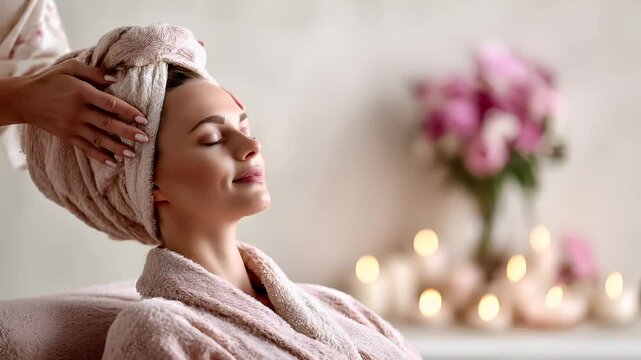 Therapy stress release treatment, health lifestyle. A woman in a pink robe receiving a facial massage at a spa, with a towel wrapped around her head. The background is slightly blurred.