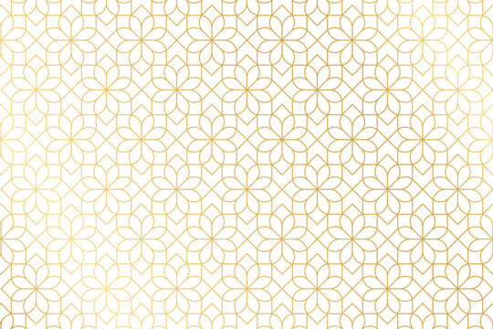 Art deco pattern with repeated golden flower shapes on white background. Luxury floral print. Elegant minimalistic wallpaper. Arabian mosaic print. Golden abstract ornament. Vector illustration.