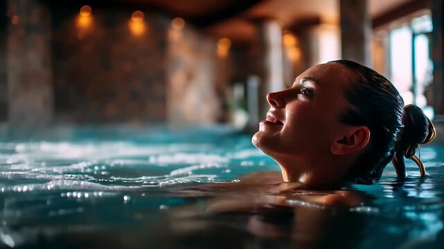 Therapy stress release treatment, health lifestyle. A woman in a swimming pool with her eyes closed, surrounded by a blurred background of lights and a window, suggesting a spa setting.