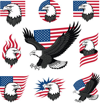 Happy Independence day sign with stars, petards and american flag. 4th of July, United Stated independence day. Template design for poster, banner, flyer, greeting card. Vector illustration
