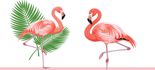 Obraz premium Pink Flamingo with Palm Leaf Vector Illustration Tropical Exotic Bird Summer Nature Design Collection