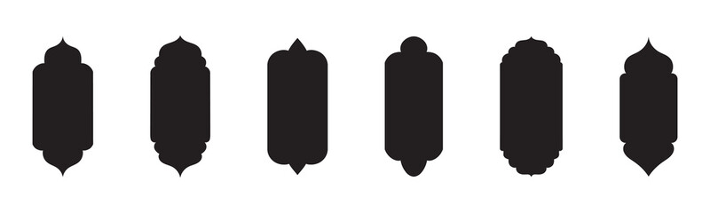 Islamic arch window frames set, pastel mihrab shapes, mosque niche silhouettes, decorative vector templates for Ramadan Eid design. Old islamic window shapes vector set in oriental style. 