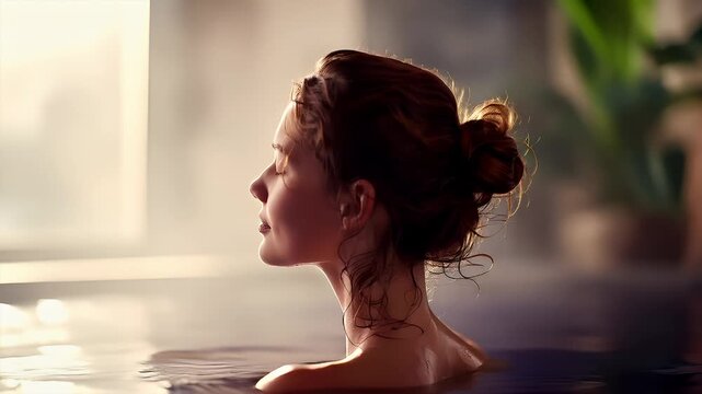 Therapy stress release treatment, health lifestyle. A woman in a pool with her eyes closed, captured in a side profile. The background is slightly blurred, emphasizing the woman as the main subject.