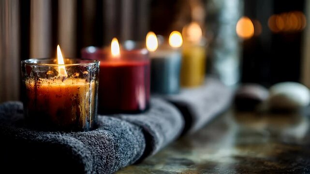 Therapy stress release treatment, health lifestyle. A closeup of several lit candles placed on a cloth atop a table, with a blurred background suggesting a spa setting. The candles emit a warm.