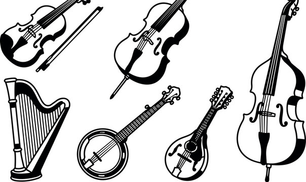 Black and white vector line art of classical string musical instruments including violin cello harp banjo and mandolin isolated on white background