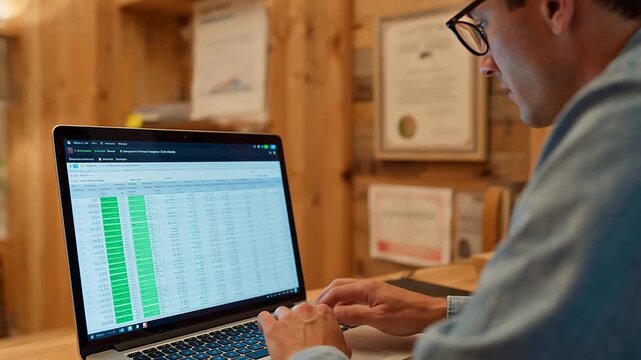 Man working on laptop with spreadsheet