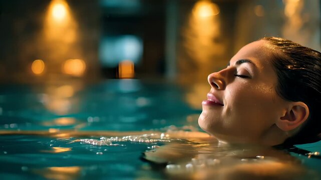 Therapy stress release treatment, health lifestyle. A woman in a swimming pool with her eyes closed, illuminated by a warm, golden light. The pool is filled with water.
