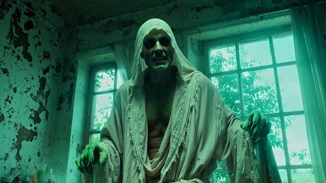 Ghoul in tattered robe in dilapidated room