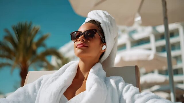 Therapy stress release treatment, health lifestyle. A woman in a white robe and sunglasses lounging on a beach chair, with a towel wrapped around her head. The background is slightly blurred.