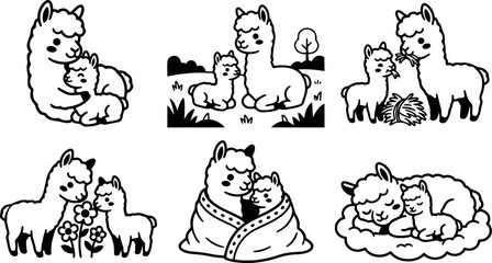 Fototapeta premium Cute black and white vector illustrations of mother and baby llamas in various caring poses and natural settings adorable animal family art
