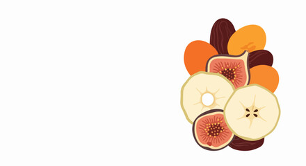 Colorful dried fruits, healthy snack illustration on white background. Dried fruits feature sliced figs, apple rings, dates, apricot pieces offering natural sweetness, nutritious energy.