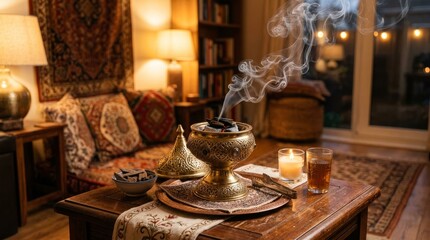 Fototapeta premium Cozy living room with burning incense and candles on coffee table indoors