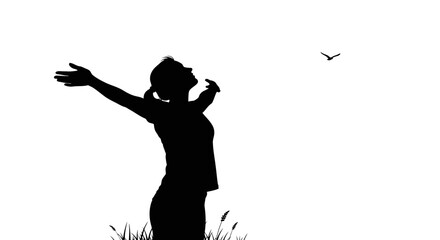 Black silhouette of woman with arms outstretched in nature vector © MITURANI